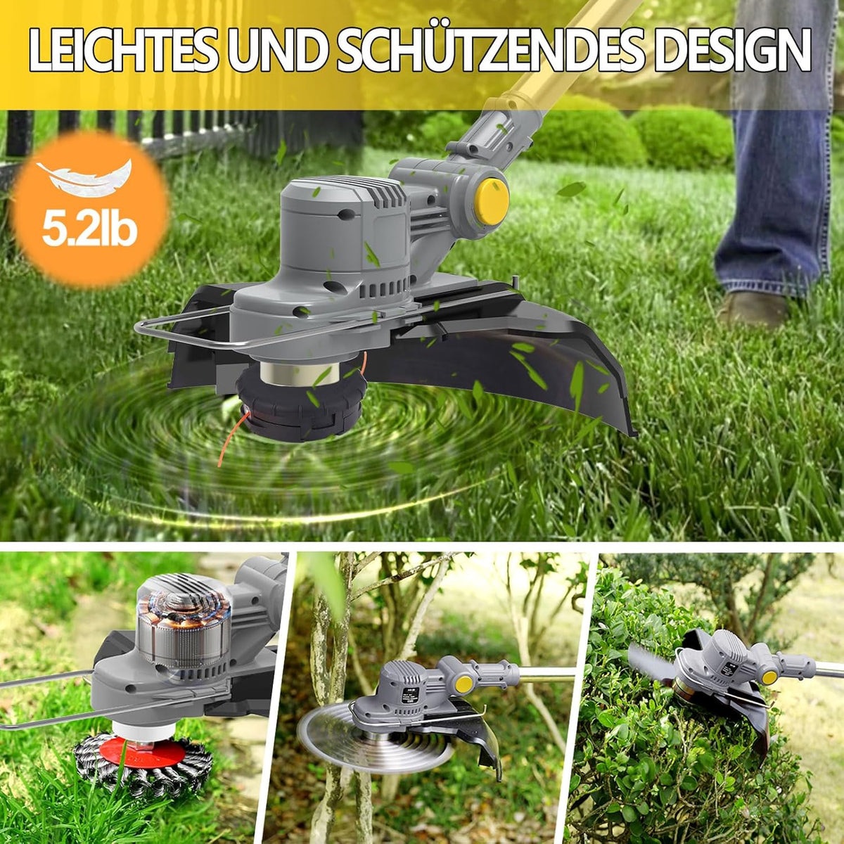 Akku Rasentrimmer mit Akku und Unkrautbürste 4 in 1 Freischneider mit Unkrautbürste 21V Bürstenloser Freischneider, Elektro Motorsense mit 2 Akku 4.0Ah und Ladegerät Teleskop, Verstellbarer, Orange