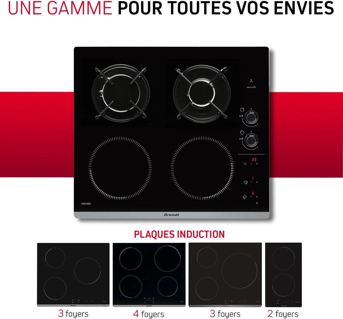 Brandt - BPI6413BM - Plaque Induction et Gaz - Table de Cuisson - Noir - 4 Foyers - 3400W Electrique et 4600 Gaz - Dimensions Encastrement : 56x49cm - 9 Positions par Foyer - Fabriqué en France