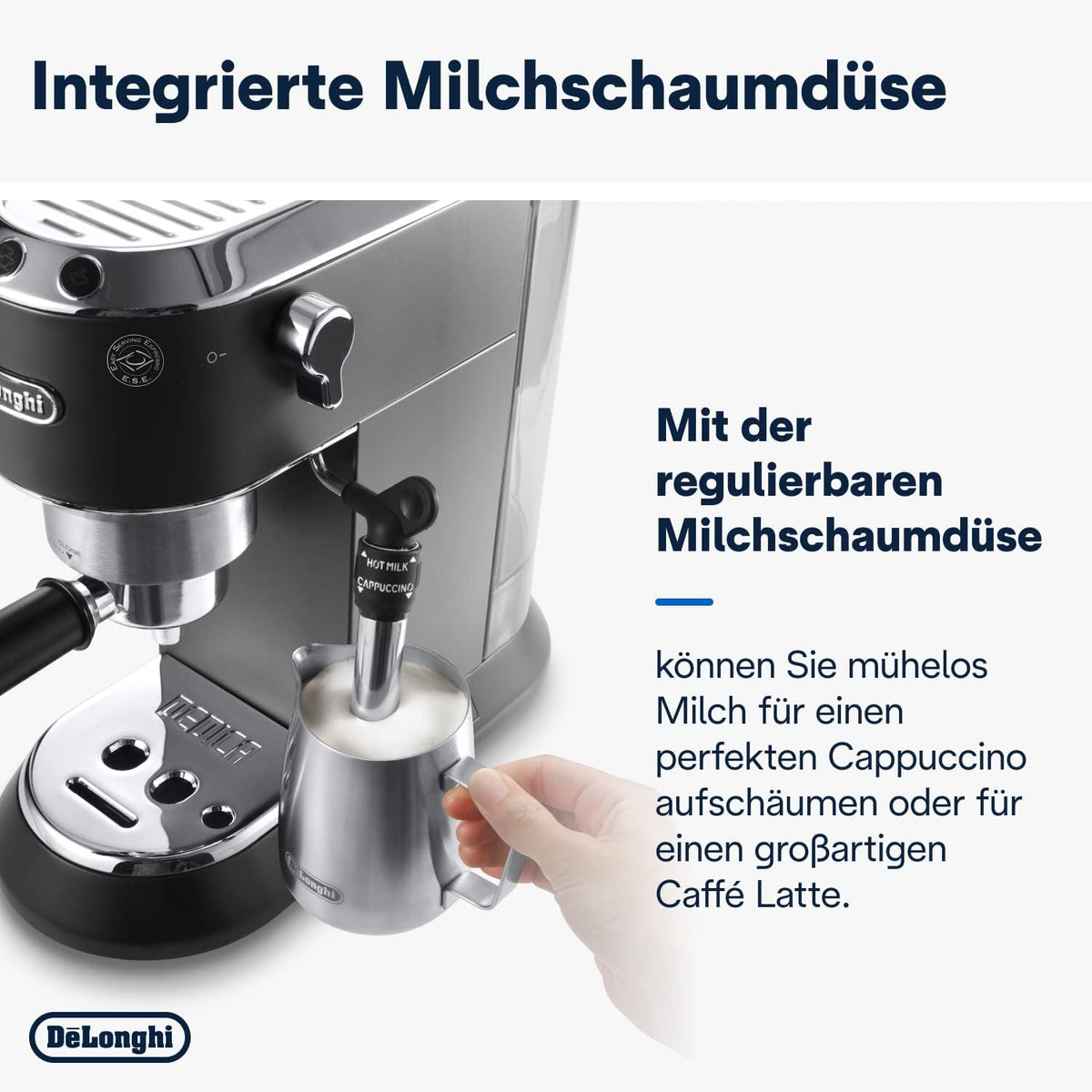 De'Longhi Dedica Style EC 685.M – Espresso Siebtrgermaschine, Espressomaschine mit professionellem Milchaufschumer, nur 15 cm breit, für Kaffeepulver oder ESE Pads, 1 l Wassertank, silber