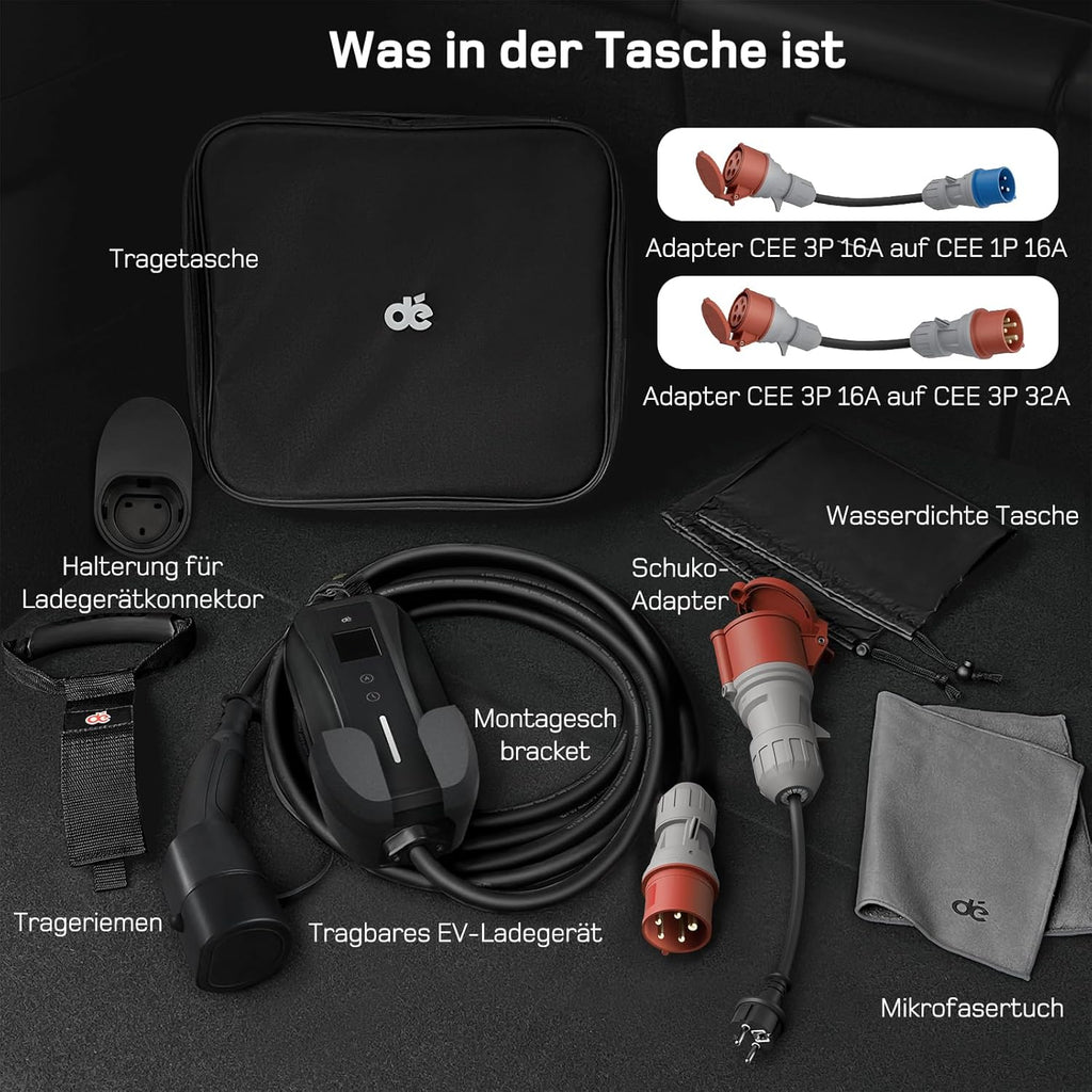 dé Mobile Wallbox/Ladestation 11kW [3-phasig|7m|6-16A] mit Traveller Adapter Set, Ladekabel CEE 16A auf Typ 2 und EV Ladegerät für Model Y/3, ID.3/4/5, MG4, EX30, e-up, e-tron, Zoe und andere EV