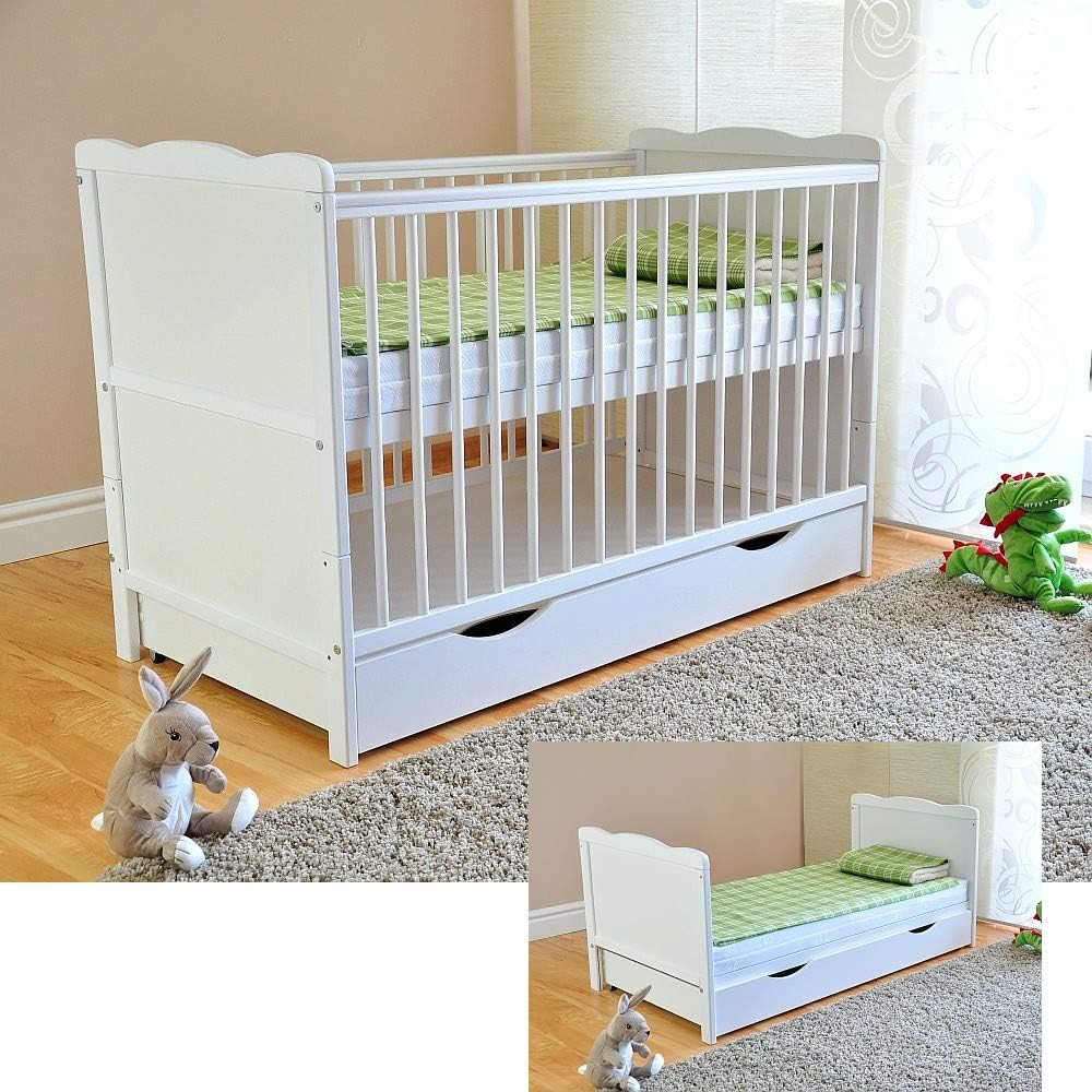 Marsell Baby Gitterbett mit Schublade mit Deckel Babybett Kinderbett mit Aloe Vera Schaumstoffmatratze Zahnschienen höhenverstellbar Weiß umbaubar zum Juniorbett