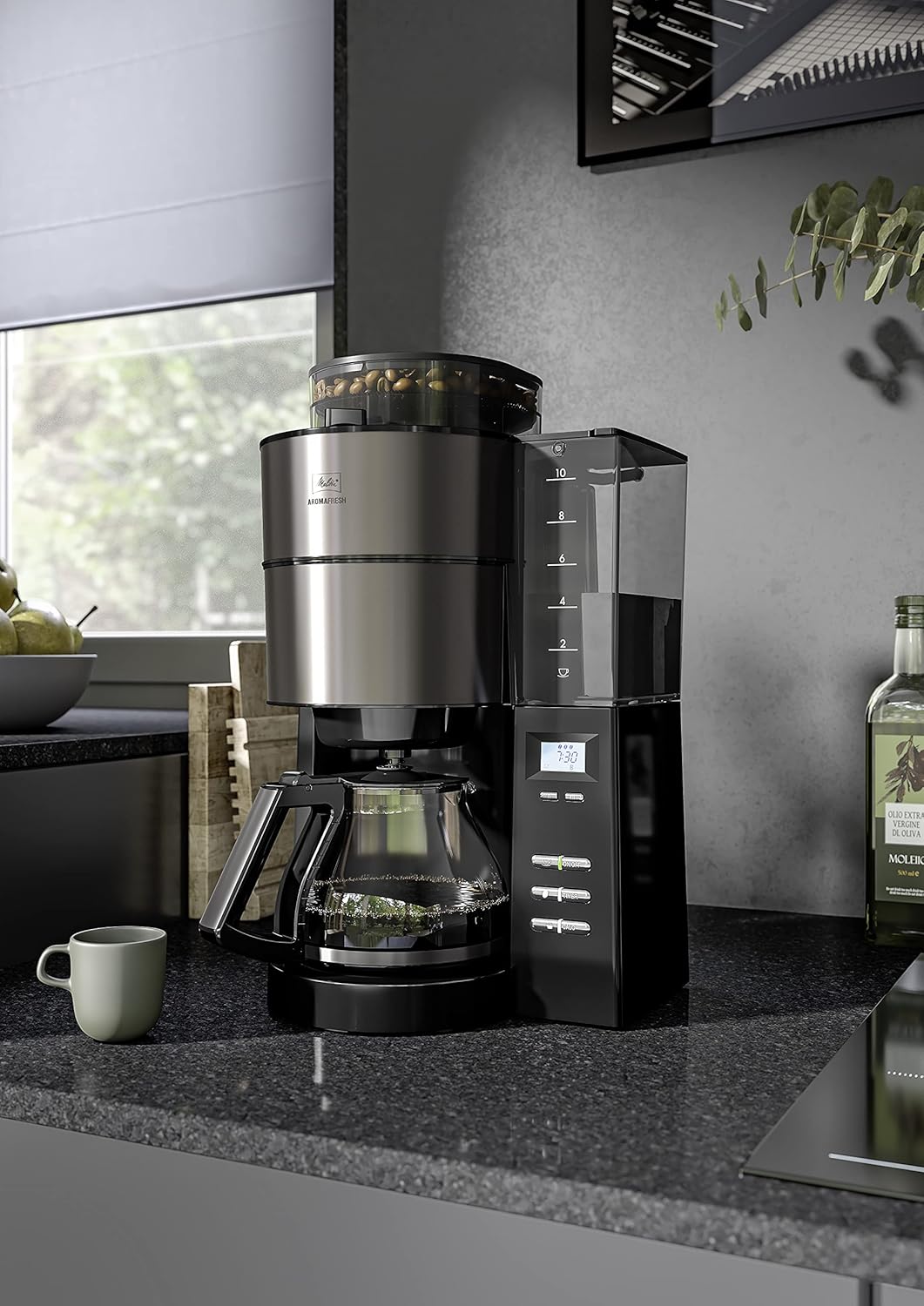Melitta AromaFresh - Filterkaffeemaschine - mit Glaskanne - integriertes Mahlwerk - Timer Funktion - 10 Tassen - Pure Black