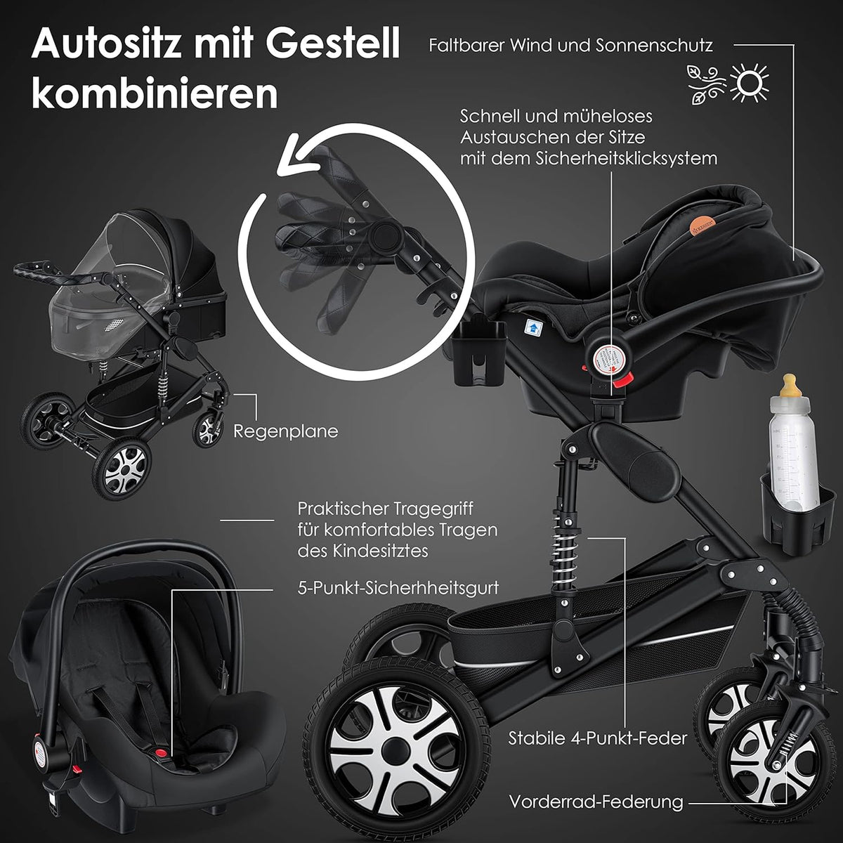 KESSER® Loops 3 in 1 Kinderwagen Kombikinderwagen Komplett-Set inkl. Babywanne & Buggy Sportsitz & Auto-Babyschale Voll-Gummireifen Wickeltasche Regenschutz Kindertisch ECE R129, Schwarz/Schwarz