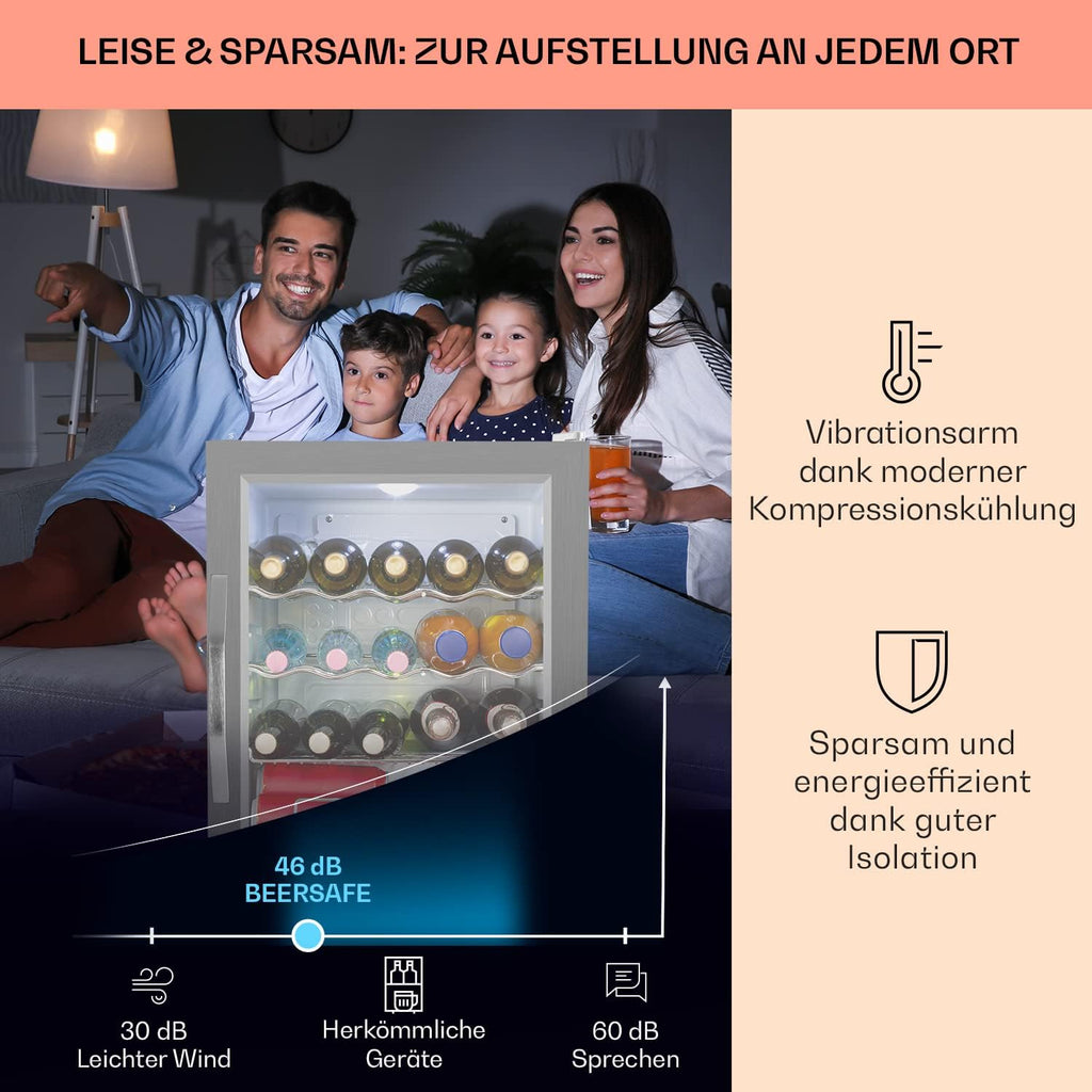 Klarstein Mini Kühlschrank mit Glastür für Zimmer, Getrnkekühlschrank mit Verstellbaren Ablagen, Kleiner 80 Liter, Indoor/Outdoor Kühlschrank Leise