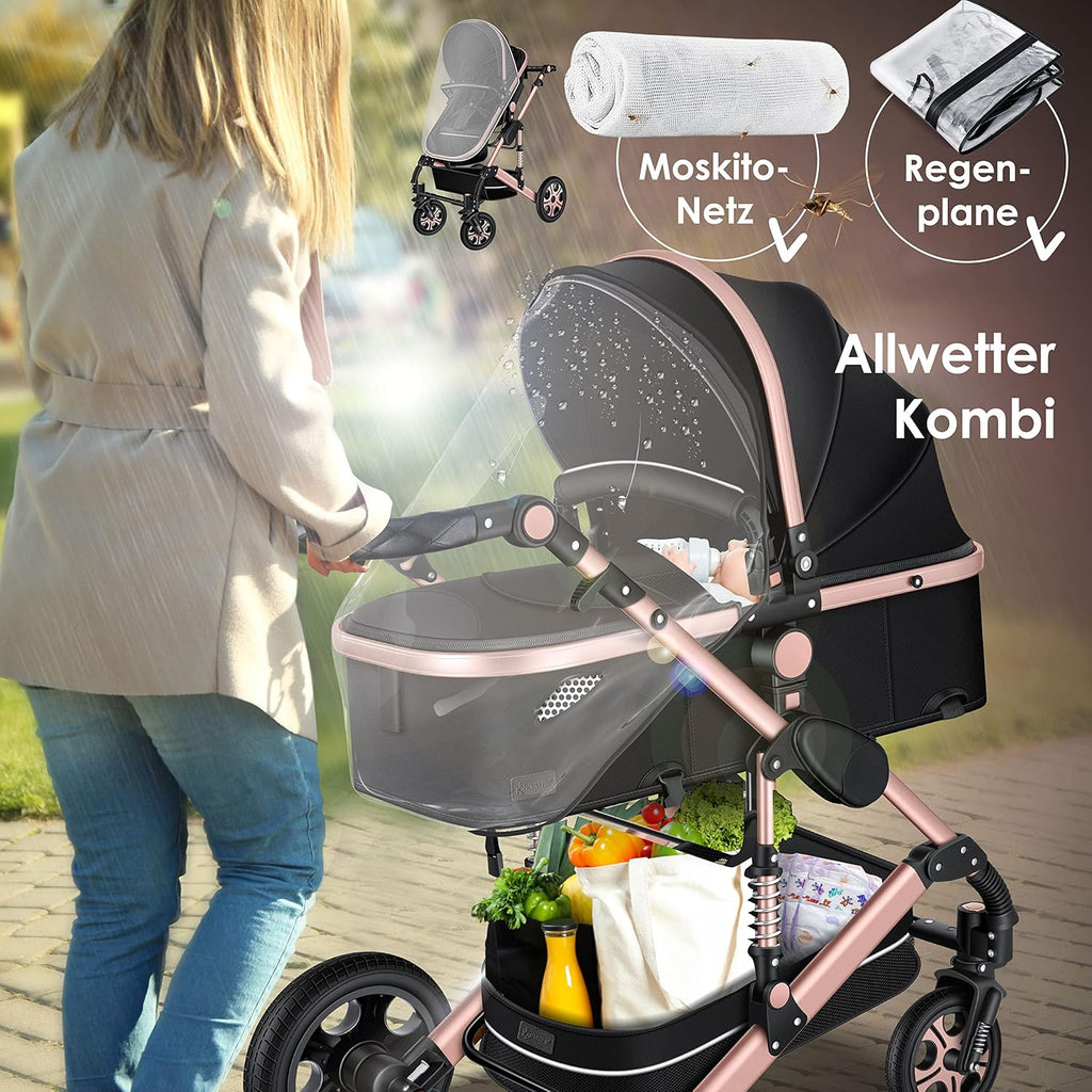 KESSER Loops 3 in 1 Kinderwagen Kombikinderwagen Komplett-Set inkl. Babywanne & Buggy Sportsitz & Auto-Babyschale Voll-Gummireifen Wickeltasche Regenschutz Kindertisch ECE R129, Schwarz/Champagne