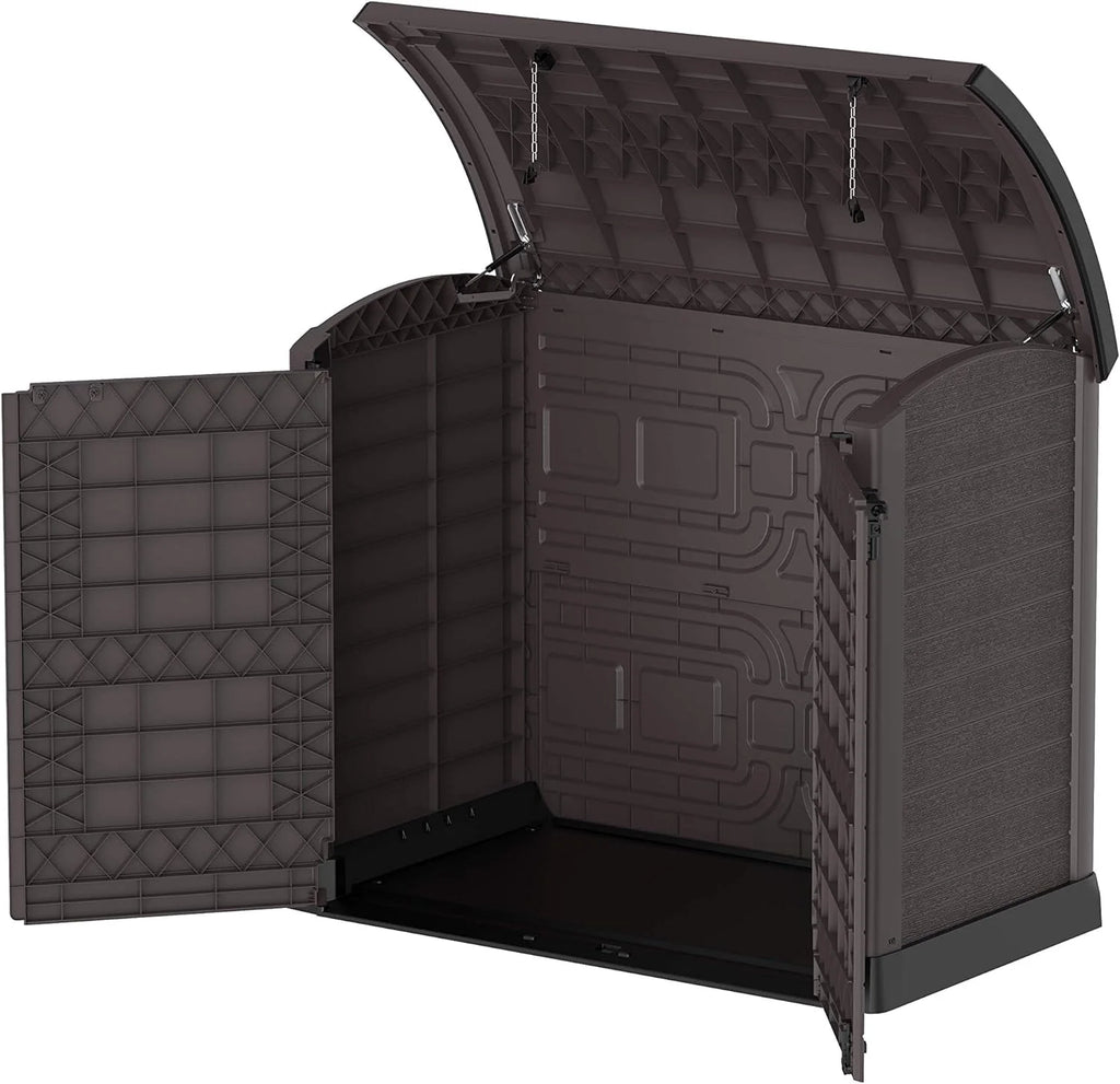 Duramax StoreAway 1200L Plastic Garden Shed/ Flat Lid, Outdoor Storage Shed, Wheelie Bin Hideaways, Wheelie bin box, Durable Construction, Ideal for Bikes, BBQs & 2x 240L Bins, 145x85x125 cm, Brown