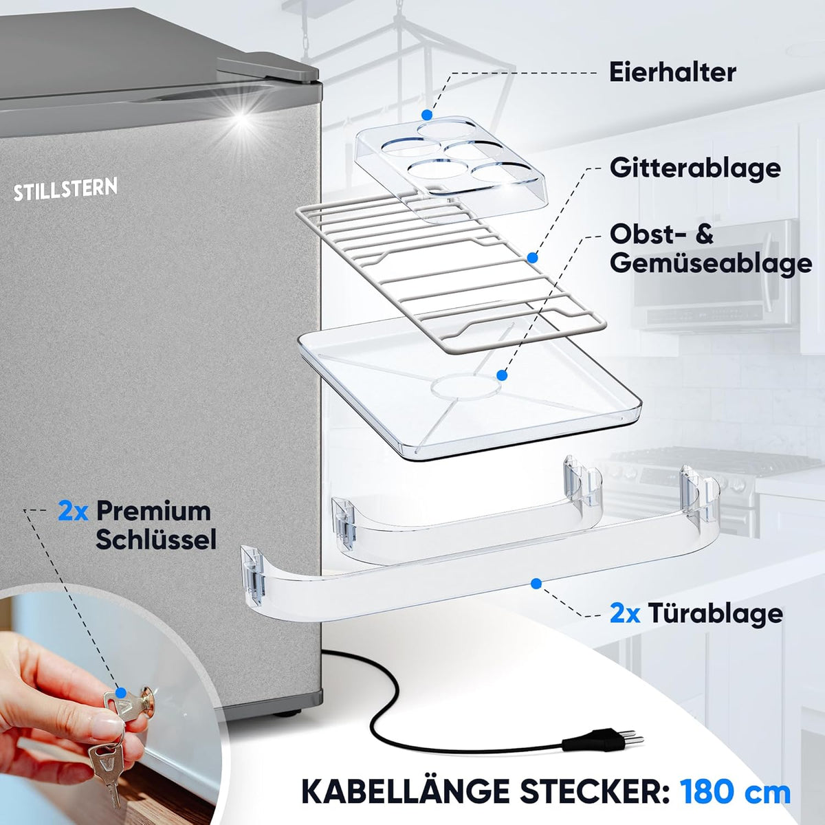 Stillstern Mini Kühlschrank E 45L mit Abtauautomatik, Schloss, Frostfach, Leise, Ideal für Küche, Büro, Schlafzimmer, Hotels und kleine Wohnungen Kühlschrank klein Minibar Getränkekühlschrank