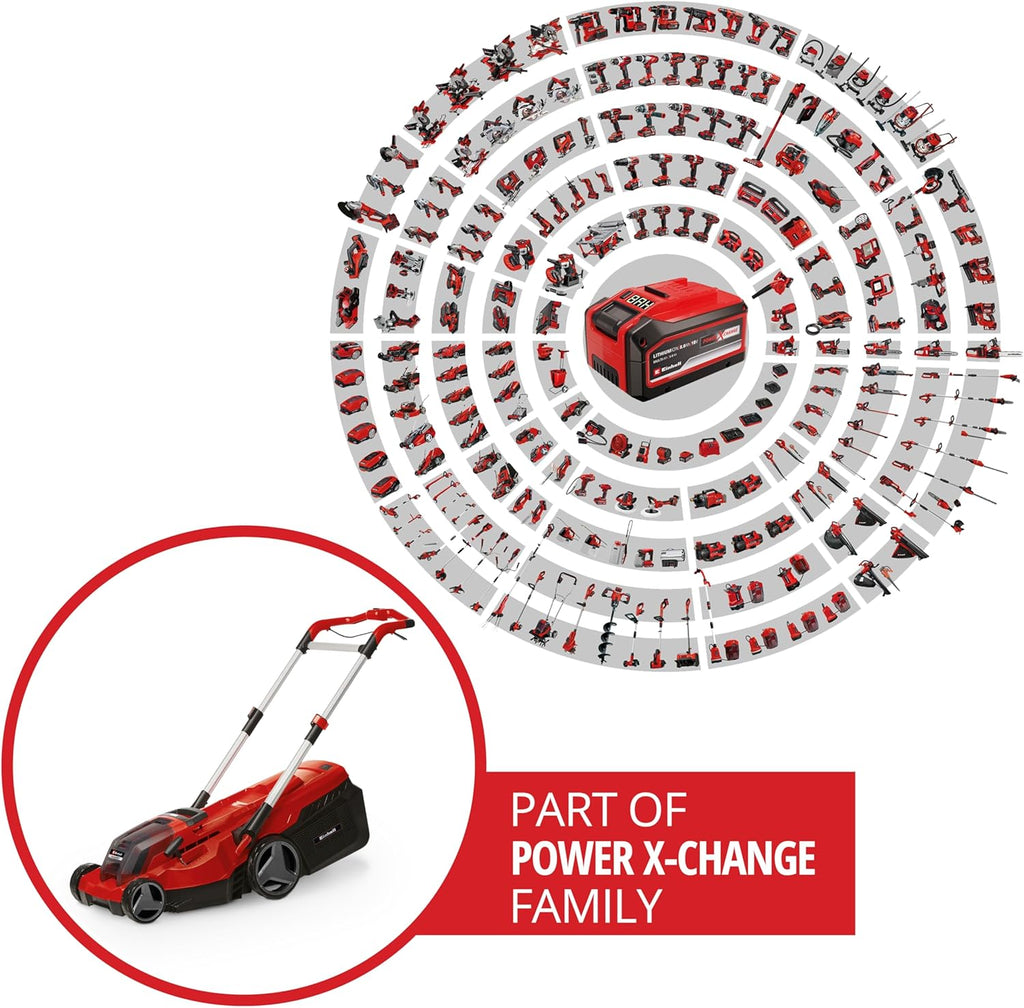 Einhell Akku-Rasenmäher RASARRO 36/38 Kit Power X-Change (36 V, 38 cm Schnittbreite, 450 m², Brushless, Mulchfunktion, 45L Fangkorb, inkl. 2X 4,0 Ah Akkus + Twincharger)
