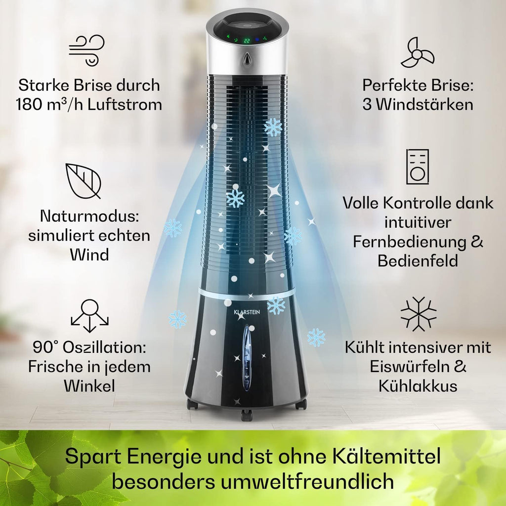 Klarstein 4-in-1: Smart Luftkühler, Ventilator, Luftbefeuchter & Ionisation I 6 L Wassertank, Oszillation, 30 W, 210 m³/h, Timer I Klimagerät ohne Abluftschlauch, Mobiles Klimagerät, Schwarz-Rosegold