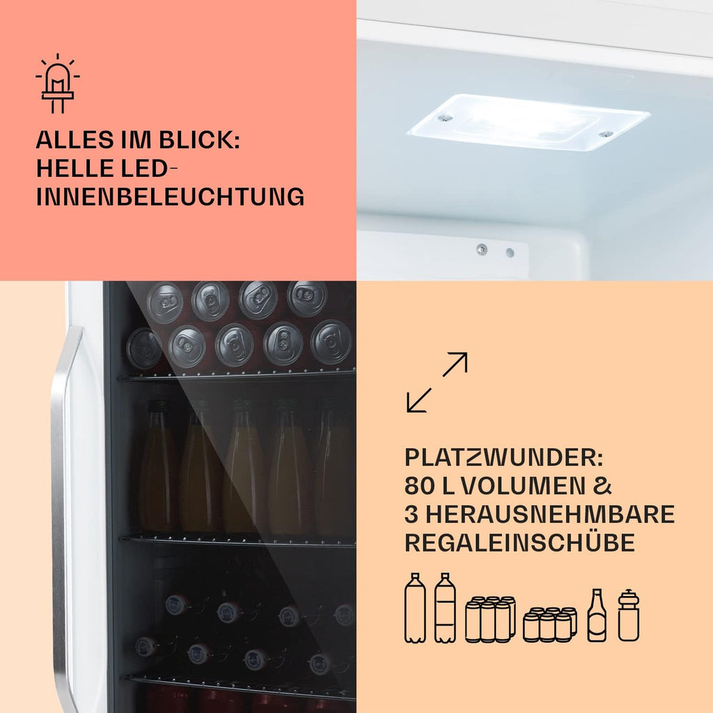Klarstein Mini Kühlschrank mit Glastür für Zimmer, Getrnkekühlschrank mit Verstellbaren Ablagen, Kleiner 80 Liter, Indoor/Outdoor Kühlschrank Leise