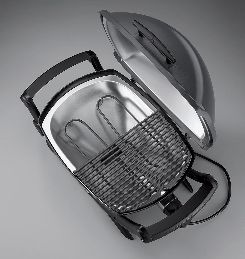 Weber Q2400 Elekrogrill mit Stand + Seitentischen, 54 x 39cm Grillfäche, portable, 2-geteilter porzellanemaillierter Guss-Grillrost, Aluminiumguss Deckel & Gehäuse - Dark Grey (55020879)