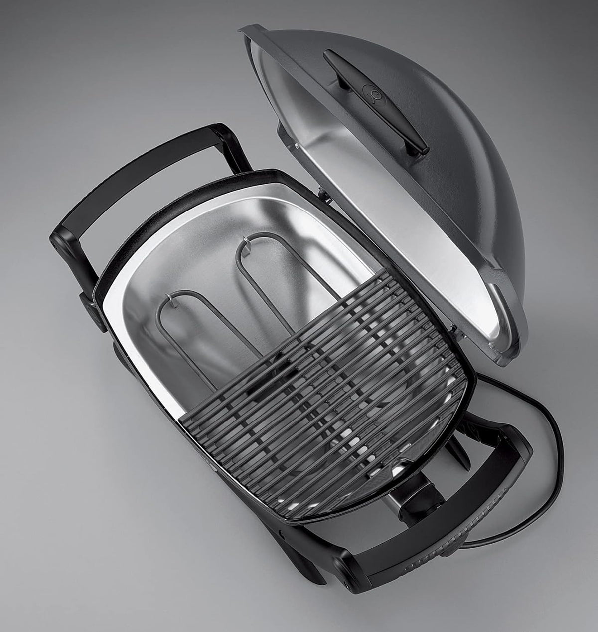 Weber Q2400 Elekrogrill mit Stand + Seitentischen, 54 x 39cm Grillfäche, portable, 2-geteilter porzellanemaillierter Guss-Grillrost, Aluminiumguss Deckel & Gehäuse - Dark Grey (55020879)