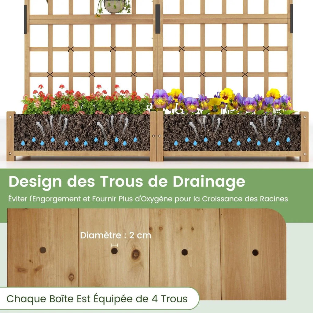 Jardinière avec 2 Treillis 2 Bacs Toit Suspendu en Bois Lit de Jardin Surélevé avec 4 Trous de Drainage 180 x 48 x 183 cm Orange