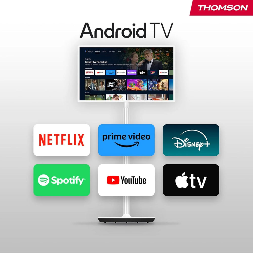 THOMSON Go TV 32 Pouces (81 cm), téléviseur Android Portable – HD Ready (1366x768), Commande vocale, Netflix, Disney,Google,Bluetooth 5.1, Wi-FI, Fonction Hotspot, autonomie Jusqu’à 4 Heures