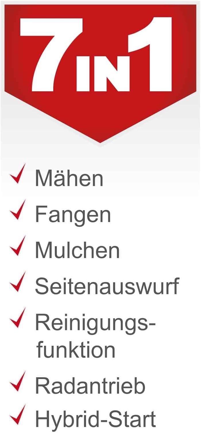 Scheppach MS150-46E Benzin Rasenmäher mit E-Start | 46cm Schnittbreite | Reinigungsfunktion | 55 Liter Fangkorb | Stahlgehäuse | 7-stufige Höhenverstellung | Mulchfunktion | Radantrieb | Seitenauswurf