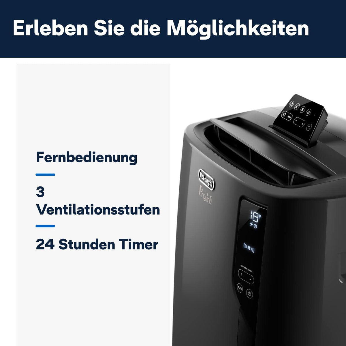 De'Longhi Pinguino PAC EL112 CST mobiles Klimagerät mit Abluftschlauch, Klimaanlage Für Räume bis 110 m³, Luftentfeuchter, Ventilationsfunktion, 24h-Timer, Schwarz
