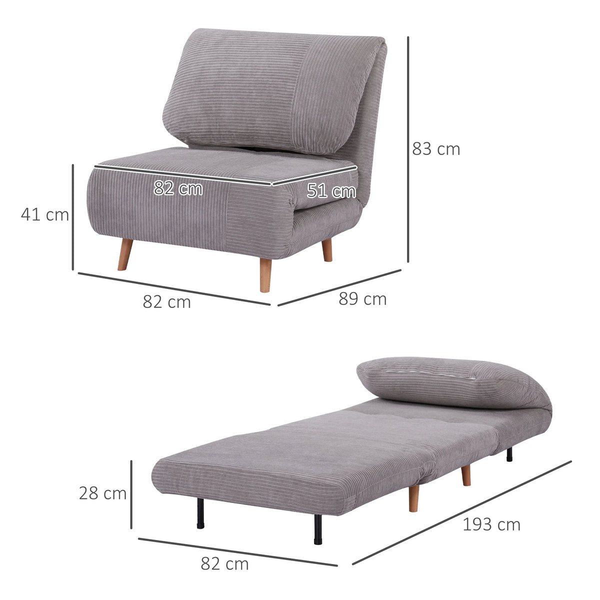 HOMCOM Schlafsessel Schlafsofa 2-in-1 verstellbare Rückenlehne Hellgrau