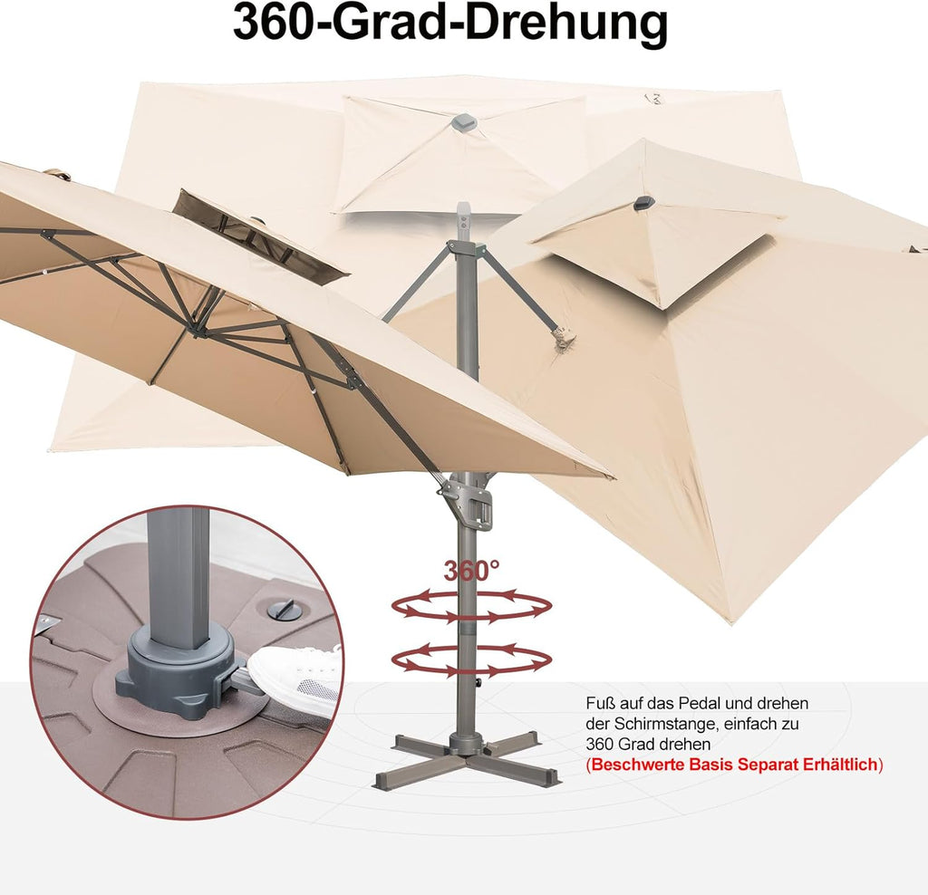 LKINBO Sonnenschirm 300 x 400 cm Rechteckig mit Ständer und Kurbel, Groß Ampelschirm Terrassenschirm 360°Drehbar Parasol Windfest Gartenschirm Wasserdicht Marktschirm für Garten Deck Outdoor, Khaki