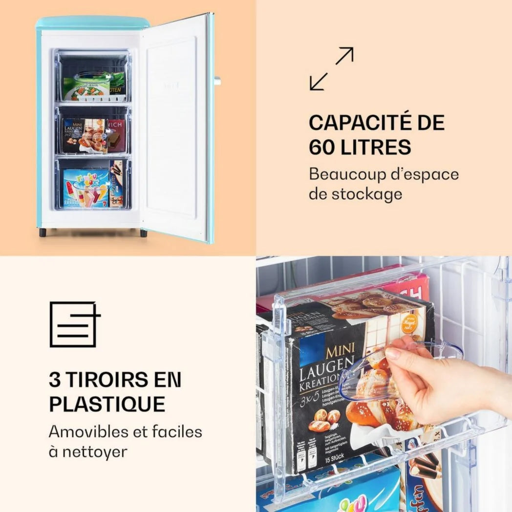 KLARSTEIN Laika - Congélateur, volume total 60 litres, thermostat 5 niveaux, 0 à -18°C, 3 clayettes, pose libre, design rétro - rouge