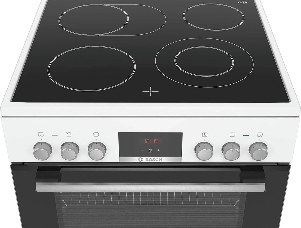 Bosch HKR39C250 Serie 4 Elektro-Standherd, 60 cm breit, EcoClean Direct Reinigungshilfe, 3D Heißluft Backen auf 3 Ebenen, LED-Display-Steuerung, erweiterbare Kochzone für großes Kochgeschirr
