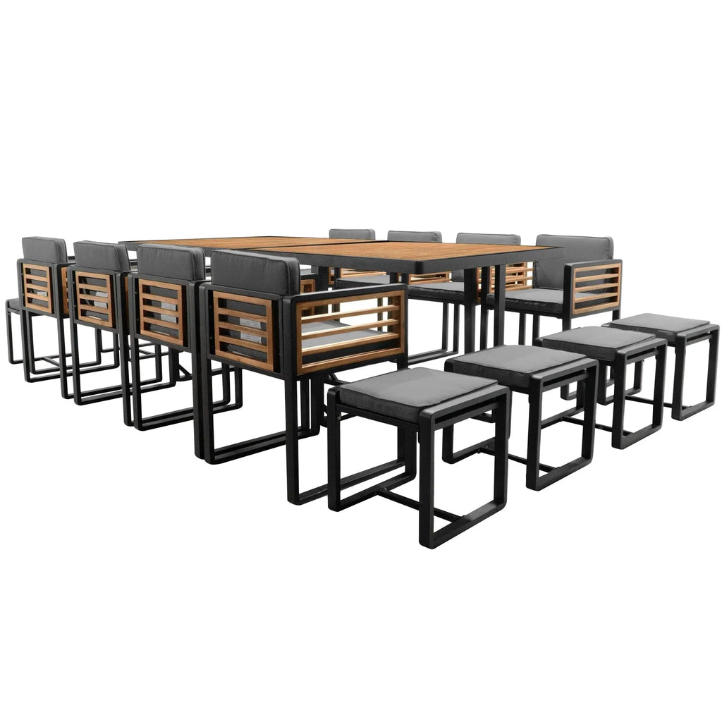 18-Pieces Acacia Wood Patio Dining Set, 8 Cushioned Chairs & 8 Ottomans & 2 Square Table