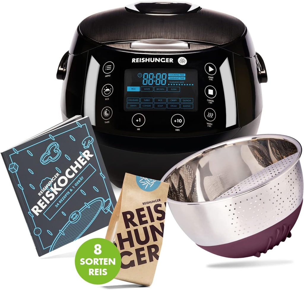 REISHUNGER Digitaler Reiskocher & Dampfgarer Schwarz | 1,5 L bis 8 Personen | Warmhaltefunktion, Timer & Premium Innentopf | Multikocher, 12 Programme, 7-Phasen-Technologie