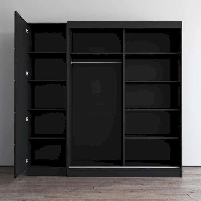 2-Door Wardrobe with Mirror, Glass Front, 2-Person (Gray / Black / White)