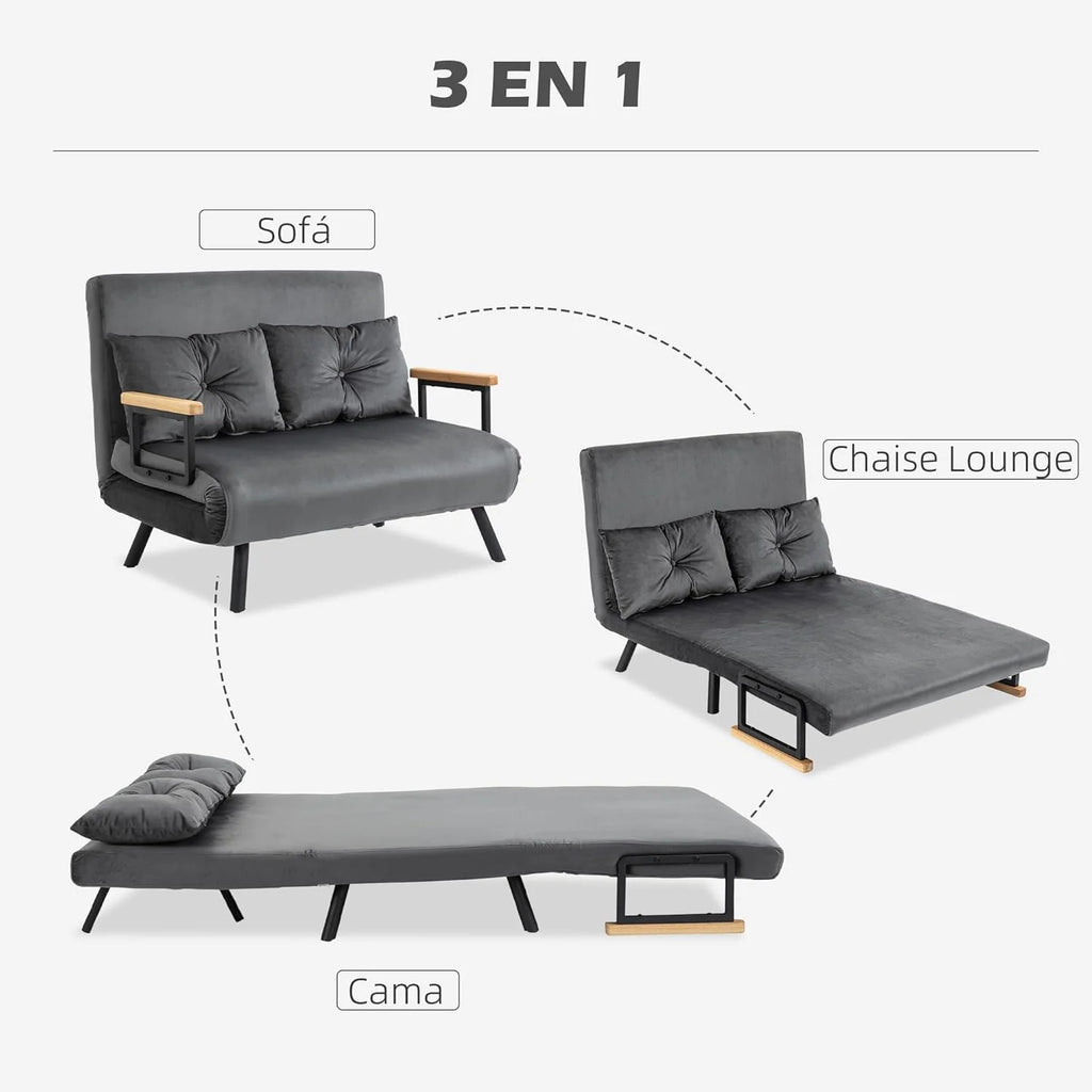 HOMCOM Sofa Bed 2 Seater Folding Sofa Bed Upholstered in Velvet with 5 Levels Adjustable Backrest and Padded Pillows for Office Bedroom Living Room 102 x 73 x 81 cm Beige