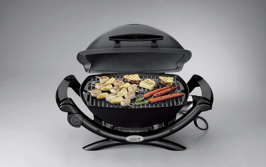 Weber Q1400 Barbecue électrique, surface de cuisson 43 x 32 cm, nomade, grille en fonte émaillée divisée en 2 parties, couvercle et cuve en fonte d'aluminium - Gris foncé (52020053)