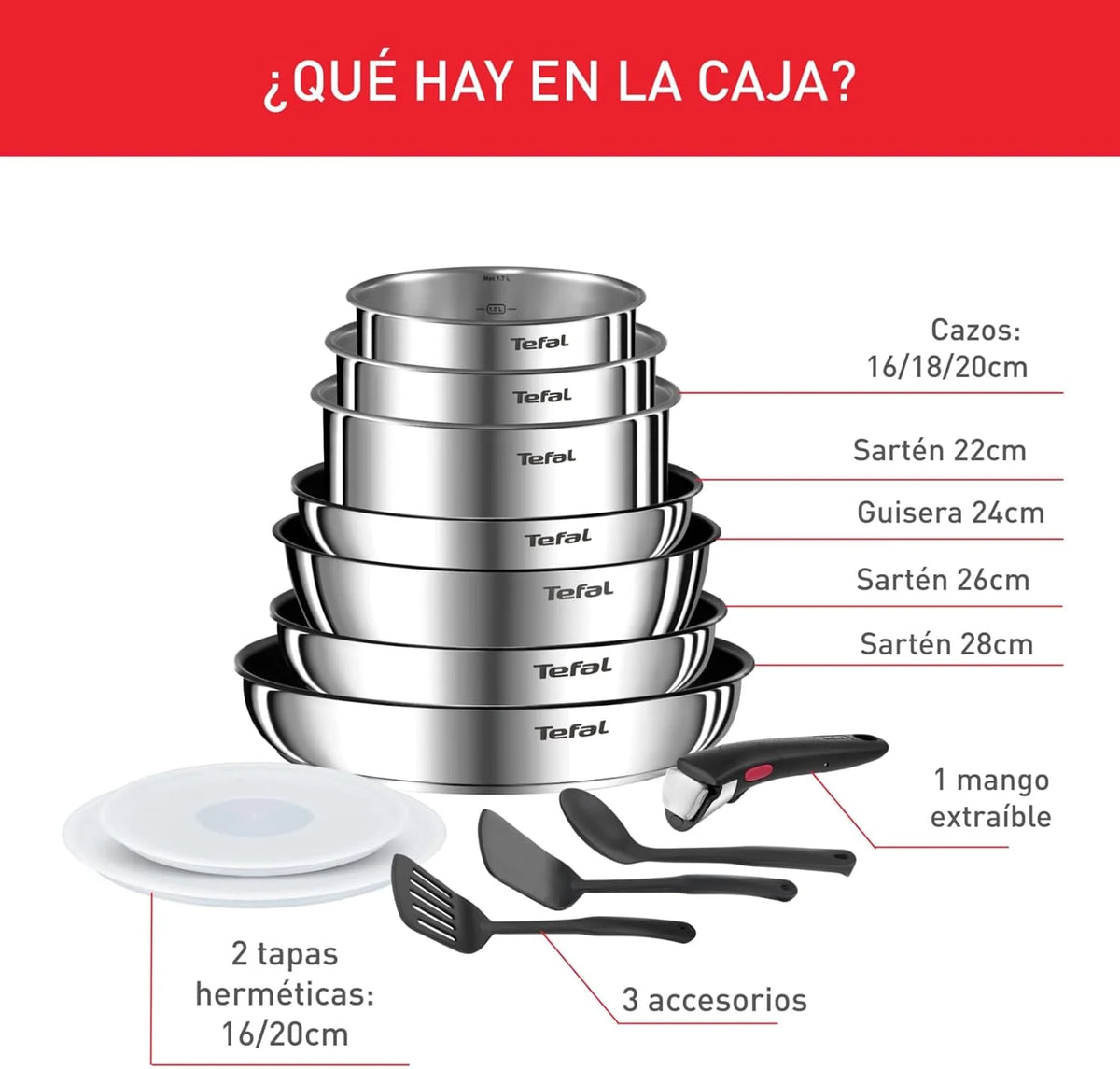 Tefal Ingenio Emotion Set of 3 Frying Pans 22/24/28 cm + 3 Saucepans 16/18/20 cm + Stew Pot 24 cm + Wok 26 cm + 12 Accessories | Induction Safe, Non-Stick, Dishwasher and Oven Safe