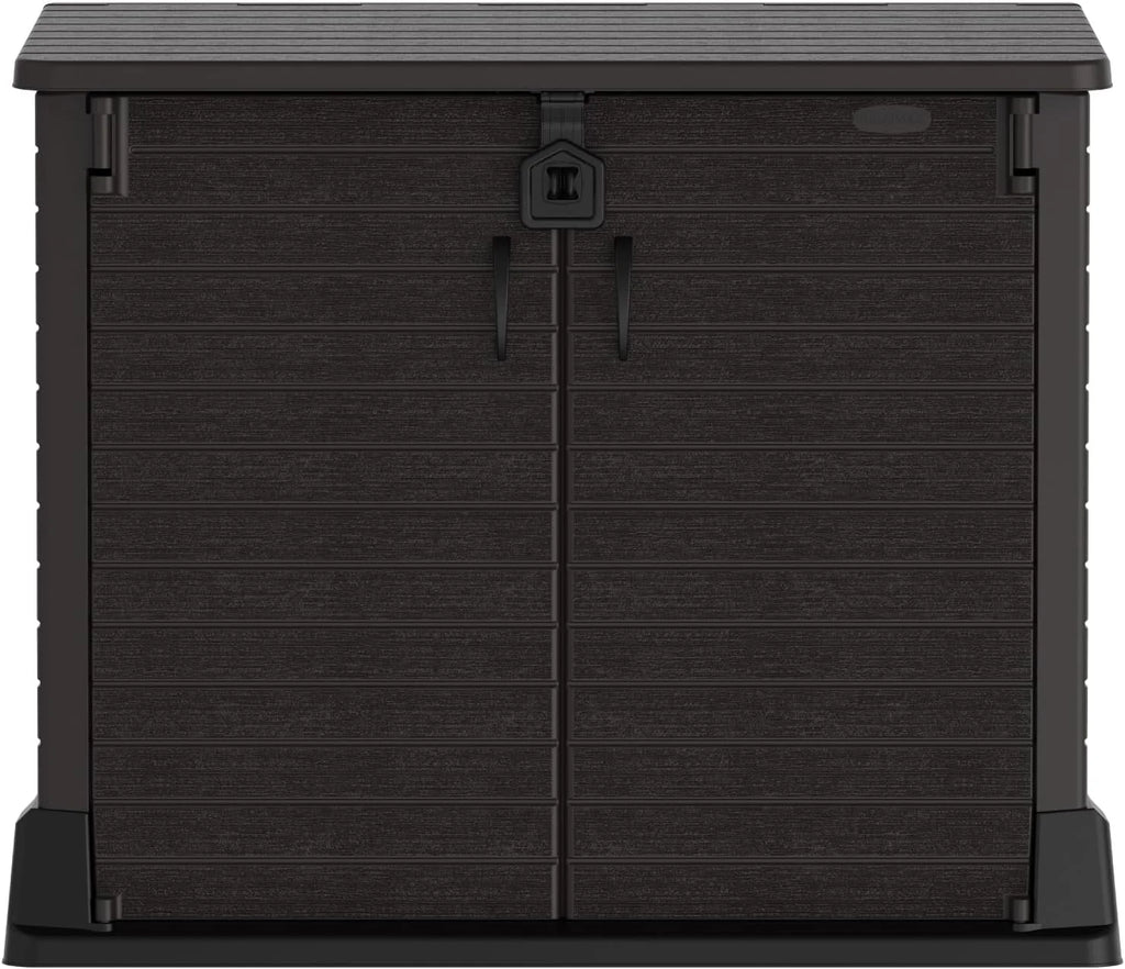 Duramax StoreAway 1200L Plastic Garden Shed/ Flat Lid, Outdoor Storage Shed, Wheelie Bin Hideaways, Wheelie bin box, Durable Construction, Ideal for Bikes, BBQs & 2x 240L Bins, 145x85x125 cm, Brown
