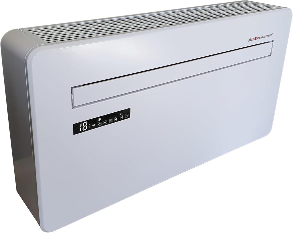 AirExchange - Wand-Monoblock-Klimaanlage-Wärmepumpe-INVERTER, 4-in-1 Klimaanlage ohne Außengerät, Heizen, Kühlen, Entfeuchten, Reinigen, 12.000 BTU, bis 80 m², R290, WEIß