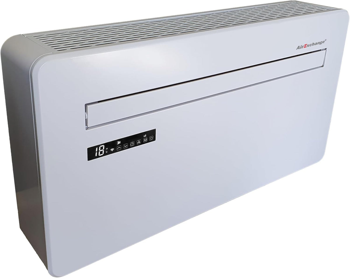 AirExchange - Wand-Monoblock-Klimaanlage-Wärmepumpe-INVERTER, 4-in-1 Klimaanlage ohne Außengerät, Heizen, Kühlen, Entfeuchten, Reinigen, 12.000 BTU, bis 80 m², R290, WEIß