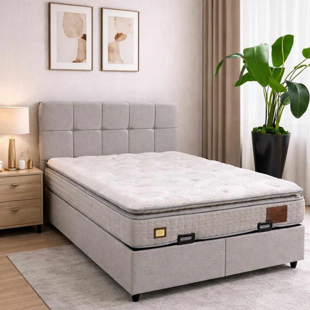 Lit Coffre Éco Gris avec Matelas et Surmatelas