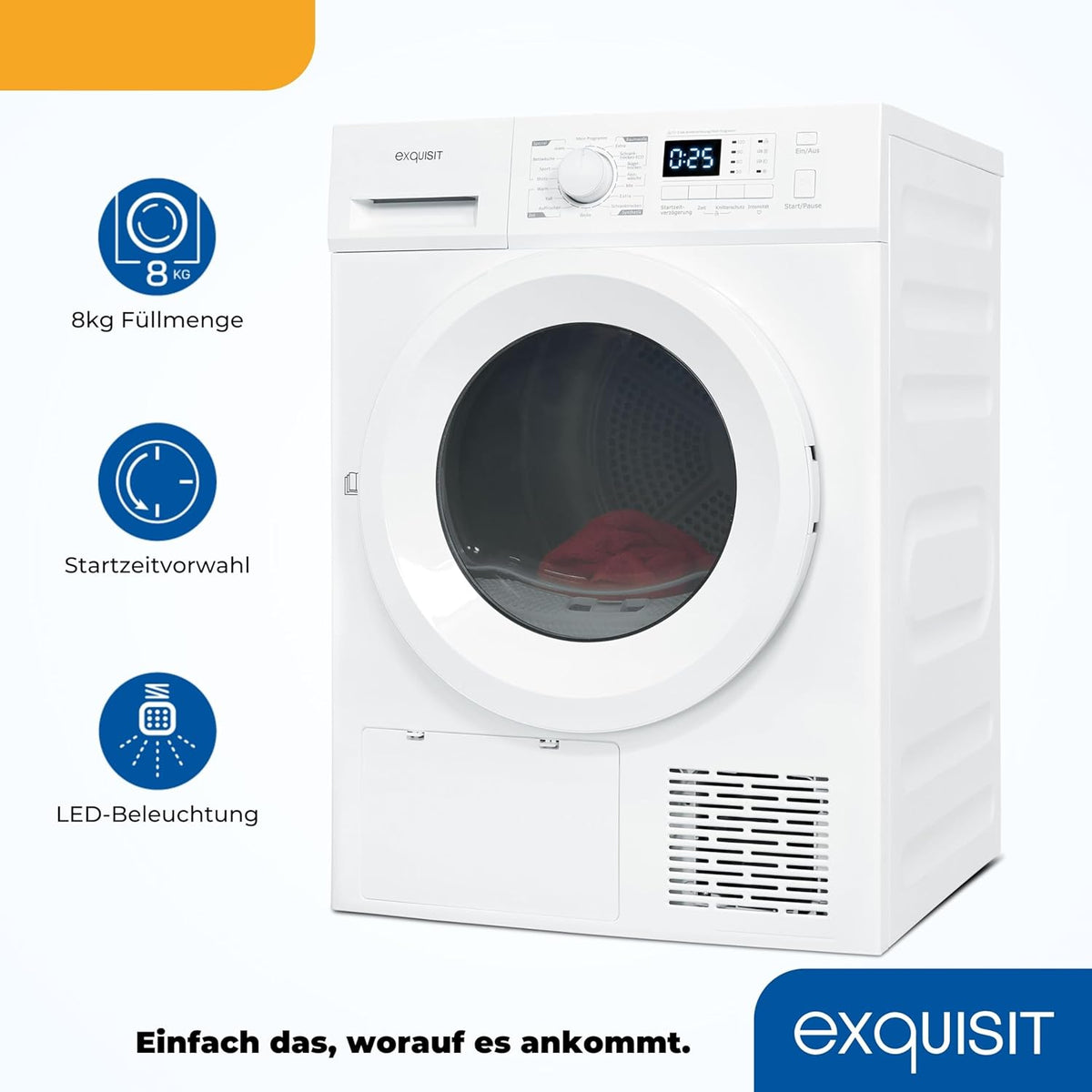 Exquisit Wärmepumpentrockner, 8kg Trockner mit 16 Programmen, Startzeitvorwahl, Knitterschutz, TWP803-030E weiss