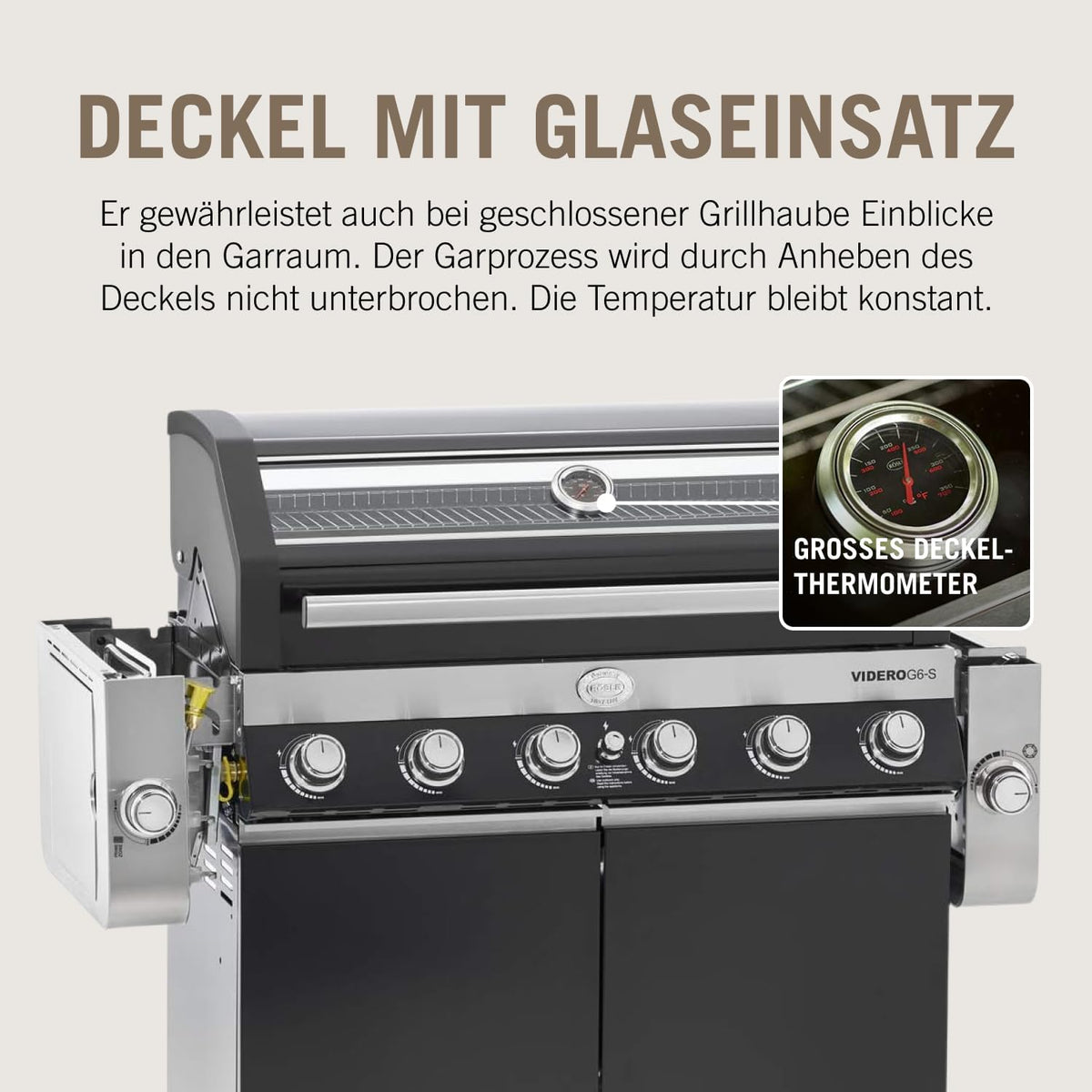 RÖSLE Elektrogrill BBQ-Portable Videro E2-P, tragbarer Tischgrill mit 2 Brennern, Warmhalterost und Deckel mit Glaseinsatz, pulverbeschichteter Stahl, schwarz/silbern