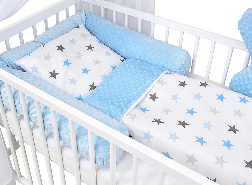 Baby Delux Babybett Komplett Set Hausbett 60x120 cm weiß Schublade Rausfallschutz Kinderbett Matratze Bettwäsche Deko Set (Prince Stars)