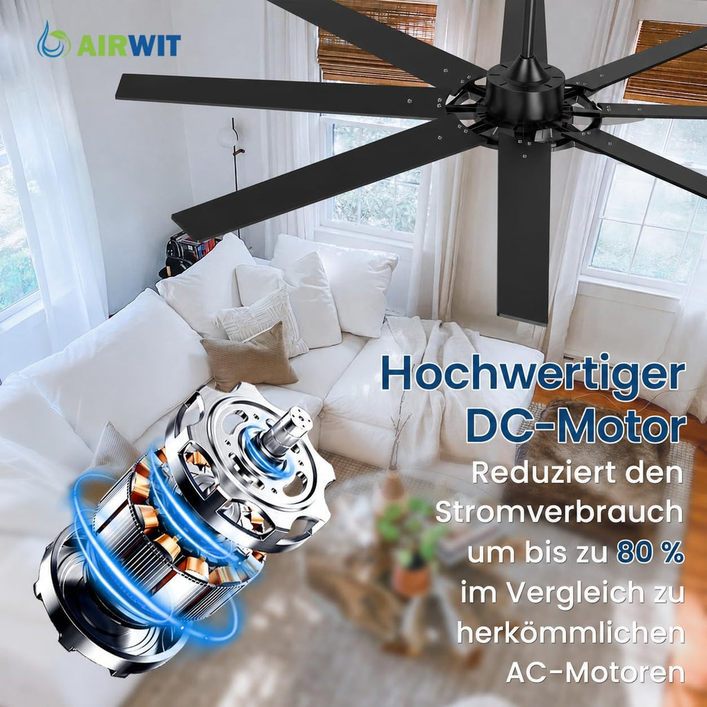 Airwit 183cm Deckenventilator mit Beleuchtung Extra Groß, Verbundholz Outdoor Leise Deckenventilator mit Licht und Fernbedienung, Lampe mit Ventilator für Terrasse, Industrial, Großes Zimmer