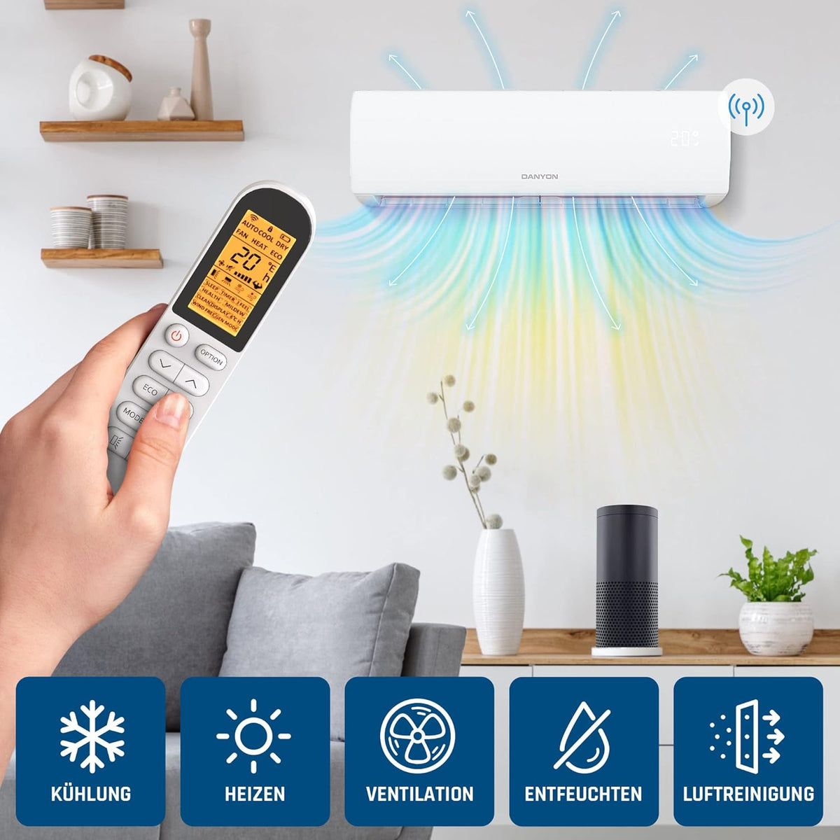 Danyon Klimaanlage Split - 12000 BTU - 3,4 kW, Selbstreinigung, leise, Smart Home, Inverter Klimagerät mit Heizfunktion, Splitgerät vorgefüllt mit R32 Kältemittel, Timer, bis 59 m2, 5m Komplettset