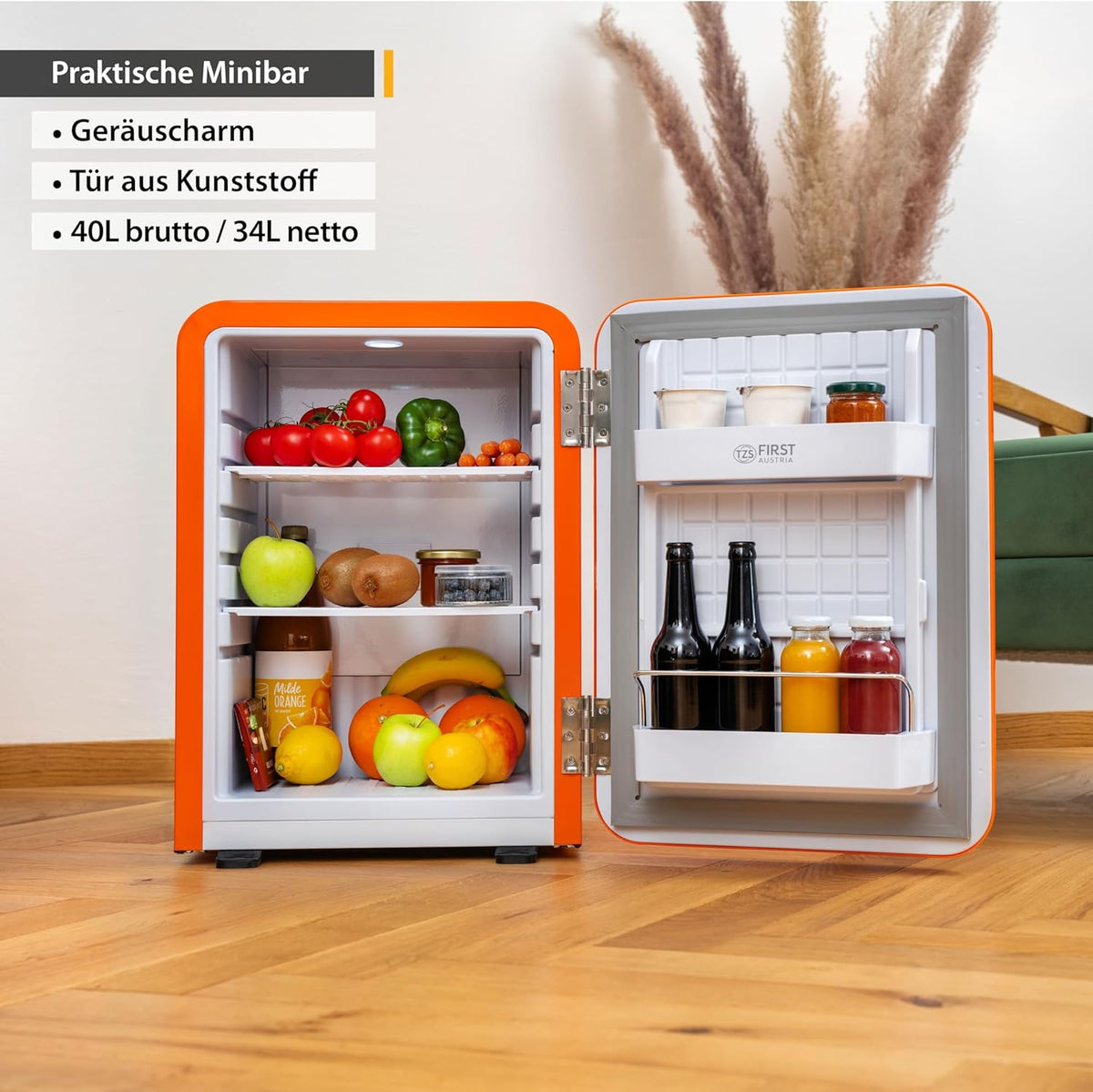 TZS First Austria lautloser Minikühlschrank | Retro Design | Einstellbare Kühlleistung | Türgriff |Thermoelektrisches Kühlsystem | 40L | creme