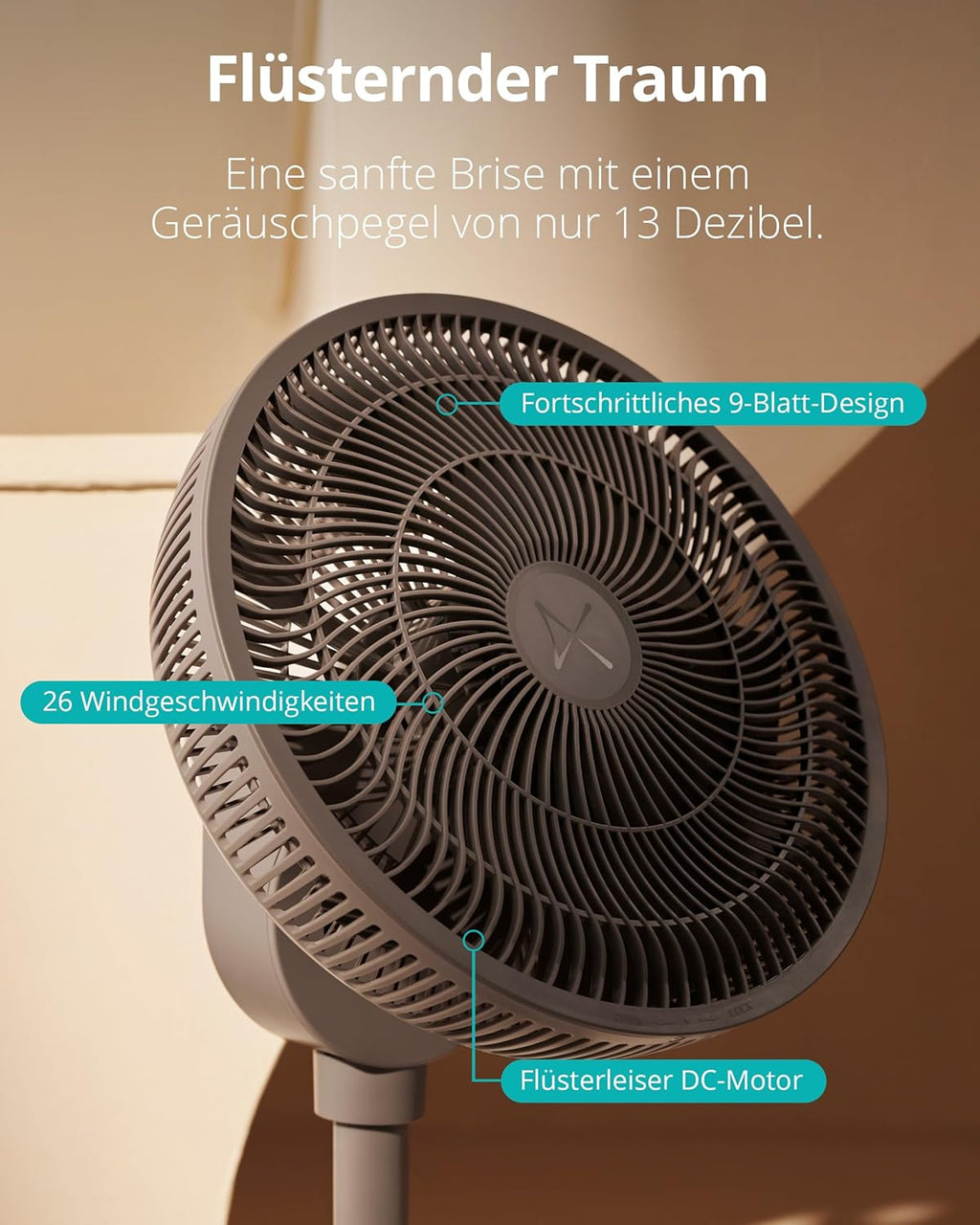 Duux Whisper 2 Standventilator Leise - Sparsamer DC-Motor mit 26 Geschwindigkeiten - Ventilator Höhenverstellbar (73-95cm) - Horizontale + Vertikale Oszillation - Weiß