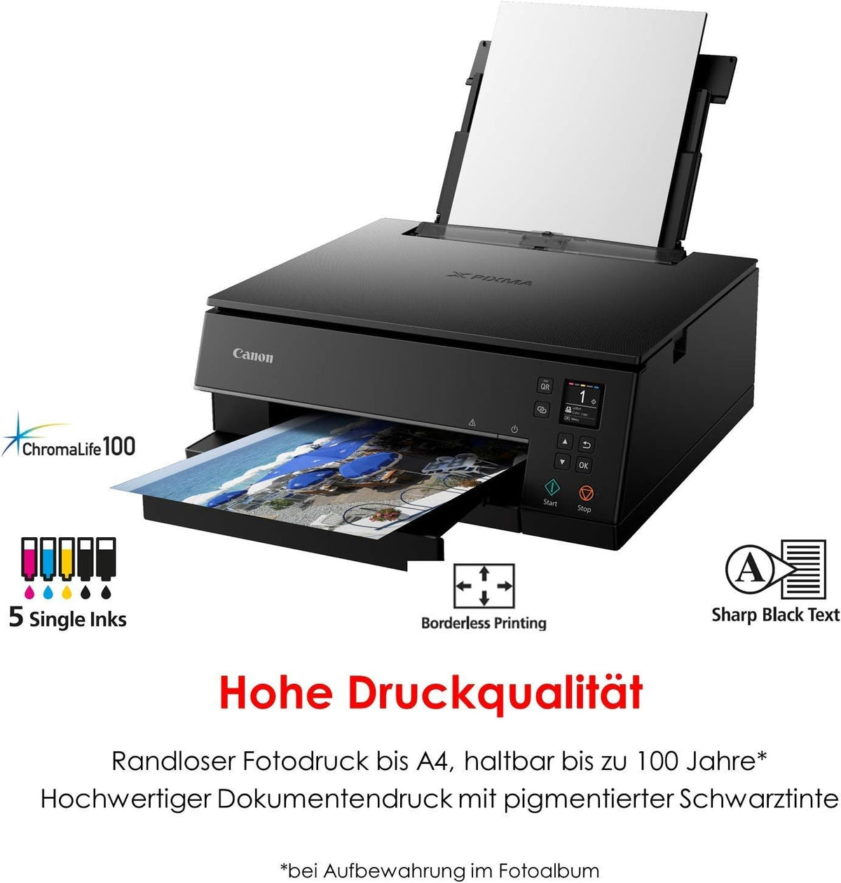 Canon PIXMA TS6350a Drucker Farbtintenstrahl Multifunktionsgerät DIN A4 (Fotodrucker, Scanner, Kopierer, OLED, 4.800x1.200 dpi, USB, WLAN, 5 separate Tinten, Duplexdruck, 2 Papierzuführungen), schwarz
