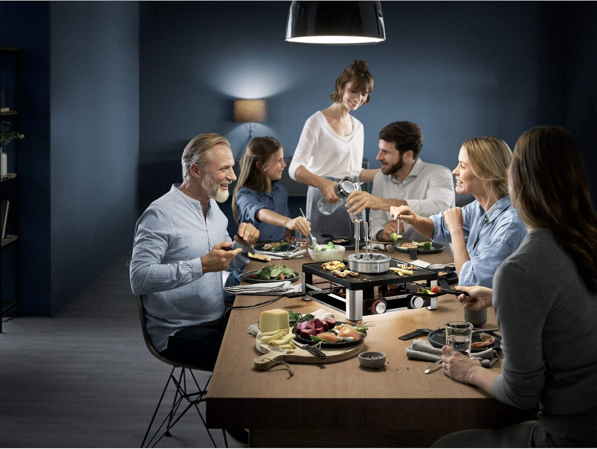 WMF Lumero 3in1 Gourmet Station für 8 Personen, Raclette Fondue Kombi, elektrisch, Temperaturregulierung, Beleuchtung, 1800 Watt, platzsparend, edelstahl matt