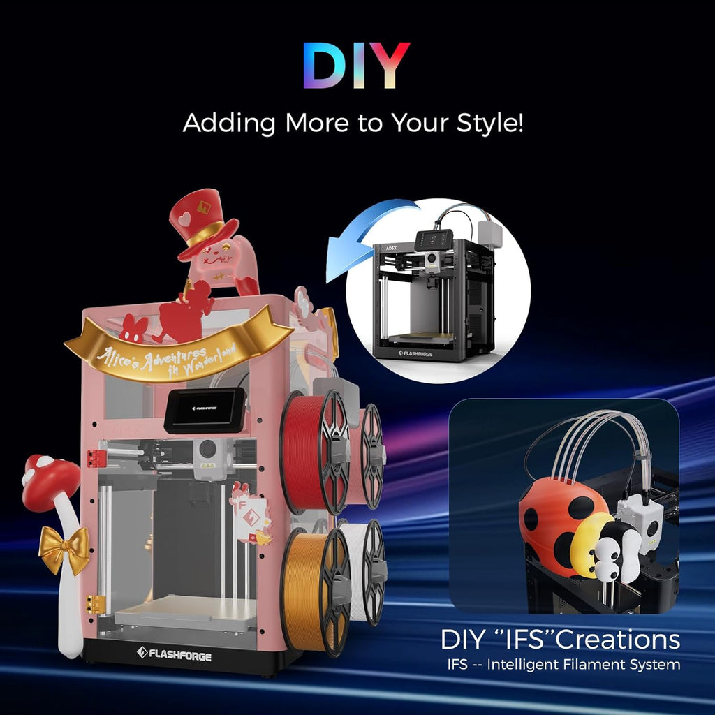 Flashforge Adventurer 5X 3D-Drucker mit Mehrfarbendruck, Anpassbar mit IFS,AD5X 3D-Drucker für mehrere Materialien,Vollautomatische Nivellierung,Maximale Geschwindigkeit: 600mm/s,Unterstützt PETG CF