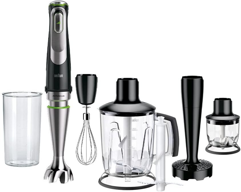 Braun MultiQuick 9 MQ 9187XLI Stabmixer – Pürierstab mit Active PowerDrive Technologie und 5 Zubehrteilen zum Zerkleinern, Stampfen, Rühren und Ice-Crushen, 1200 Watt, schwarz/Edelstahl