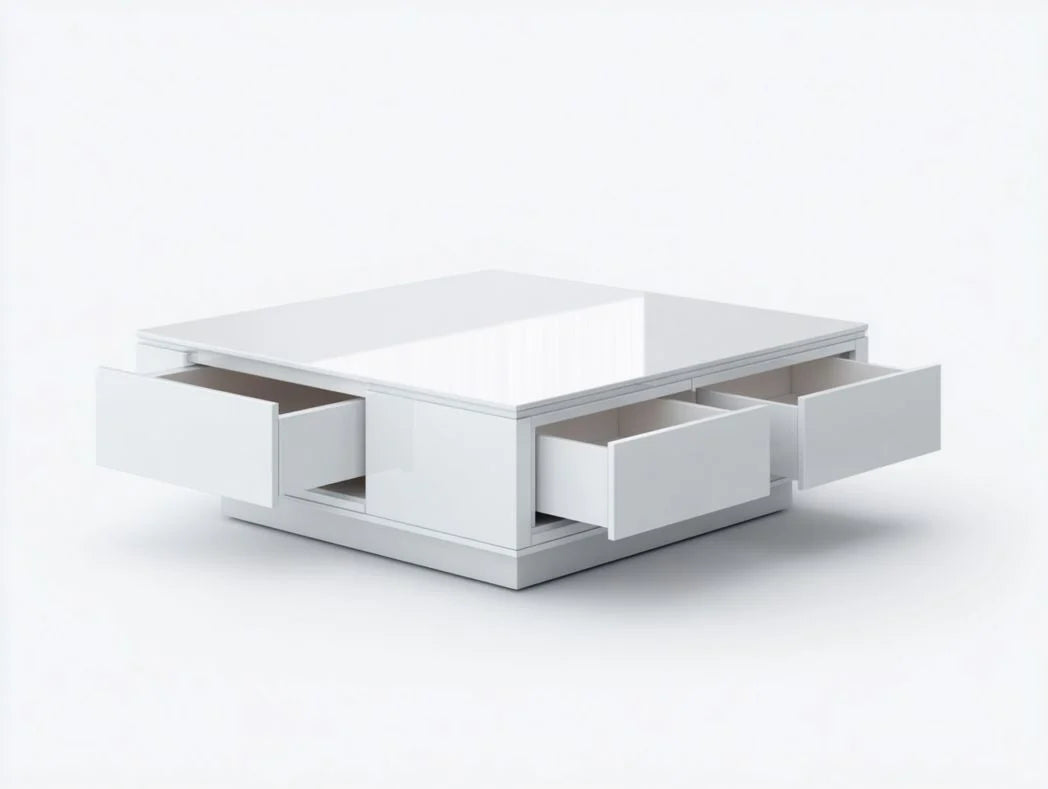 Table basse carrée moderne – blanc laqué avec 3 tiroirs de rangement