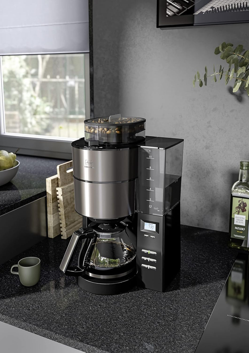 Melitta AromaFresh - Filterkaffeemaschine - mit Glaskanne - integriertes Mahlwerk - Timer Funktion - 10 Tassen - Pure Black