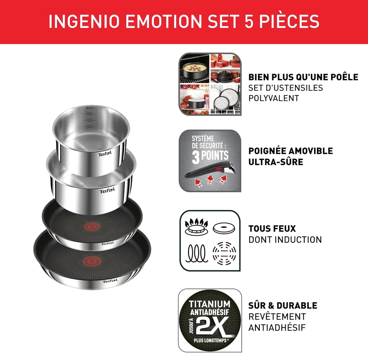 Tefal Ingenio Emotion Set of 3 Frying Pans 22/24/28 cm + 3 Saucepans 16/18/20 cm + Stew Pot 24 cm + Wok 26 cm + 12 Accessories | Induction Safe, Non-Stick, Dishwasher and Oven Safe