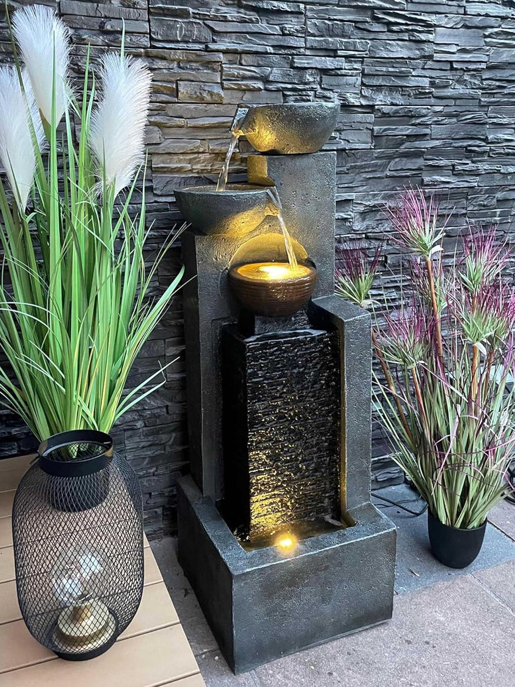 Arnusa Großer Gartenbrunnen mit LED Beleuchtung Springbrunnen Kaskade Wasserspiel Gartendekoration, Schwarz, Grau