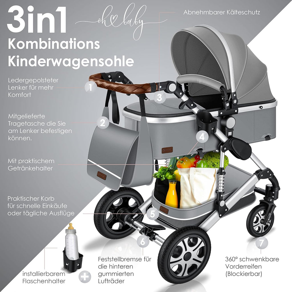 KESSER® Loops 3 in 1 Kinderwagen Kombikinderwagen Komplett-Set inkl. Babywanne & Buggy Sportsitz & Auto-Babyschale Voll-Gummireifen Wickeltasche Regenschutz Kindertisch ECE R129, Schwarz/Schwarz